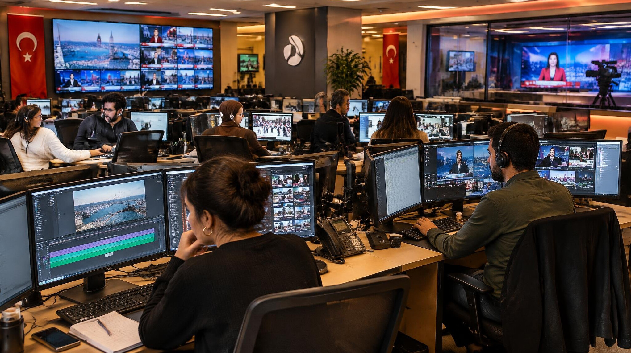 Busy television newsroom with editors working at desks