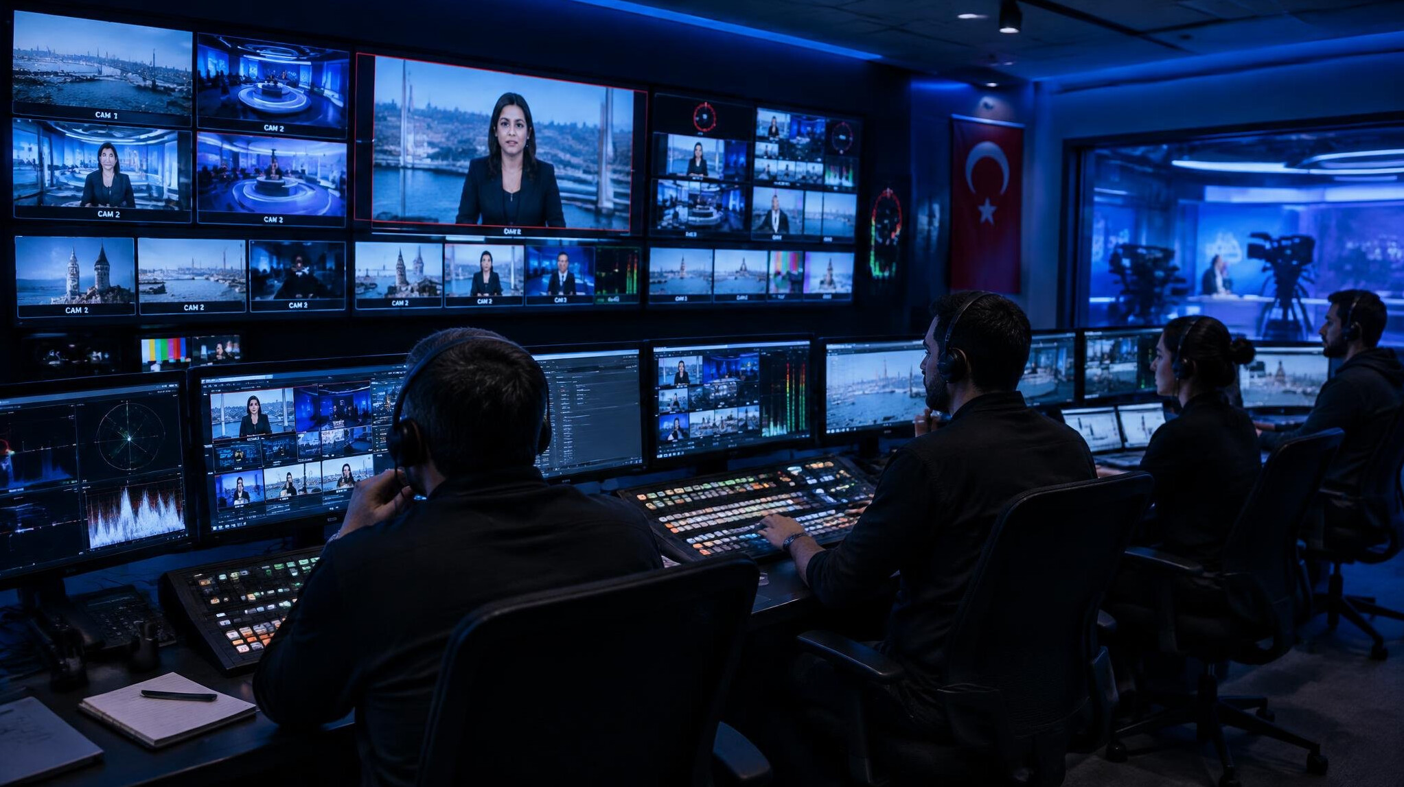 Television broadcast control room with multiple monitors during a live show